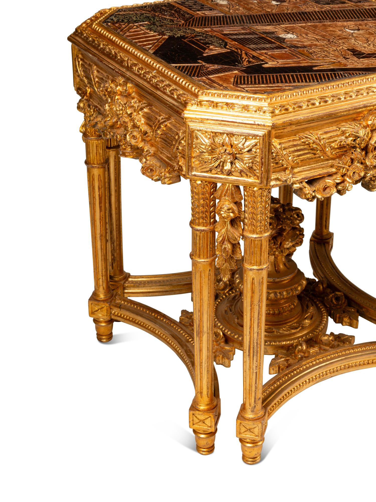 A Pair of Continental Giltwood and Chinese Lacquer Side Tables