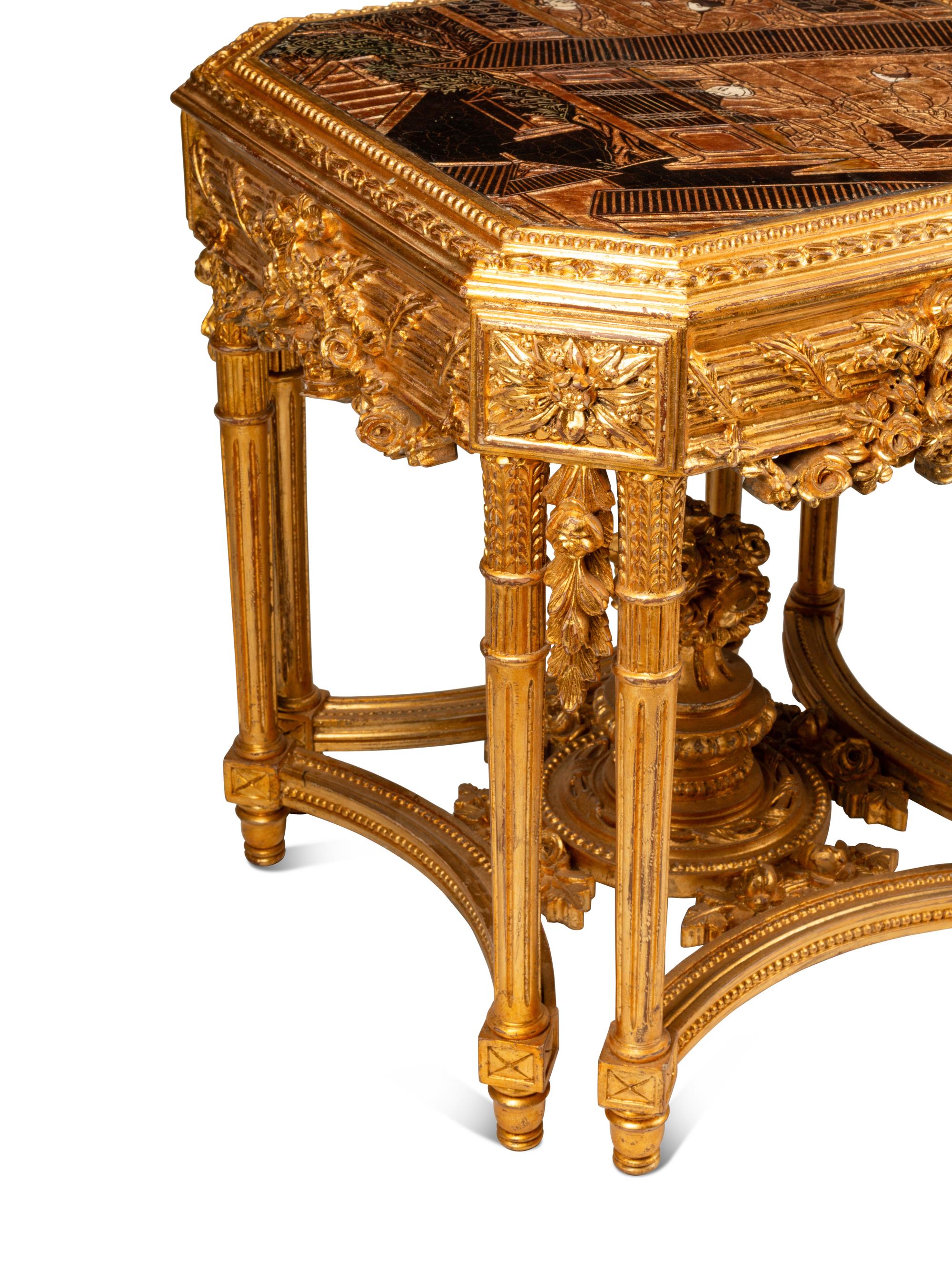A Pair of Continental Giltwood and Chinese Lacquer Side Tables