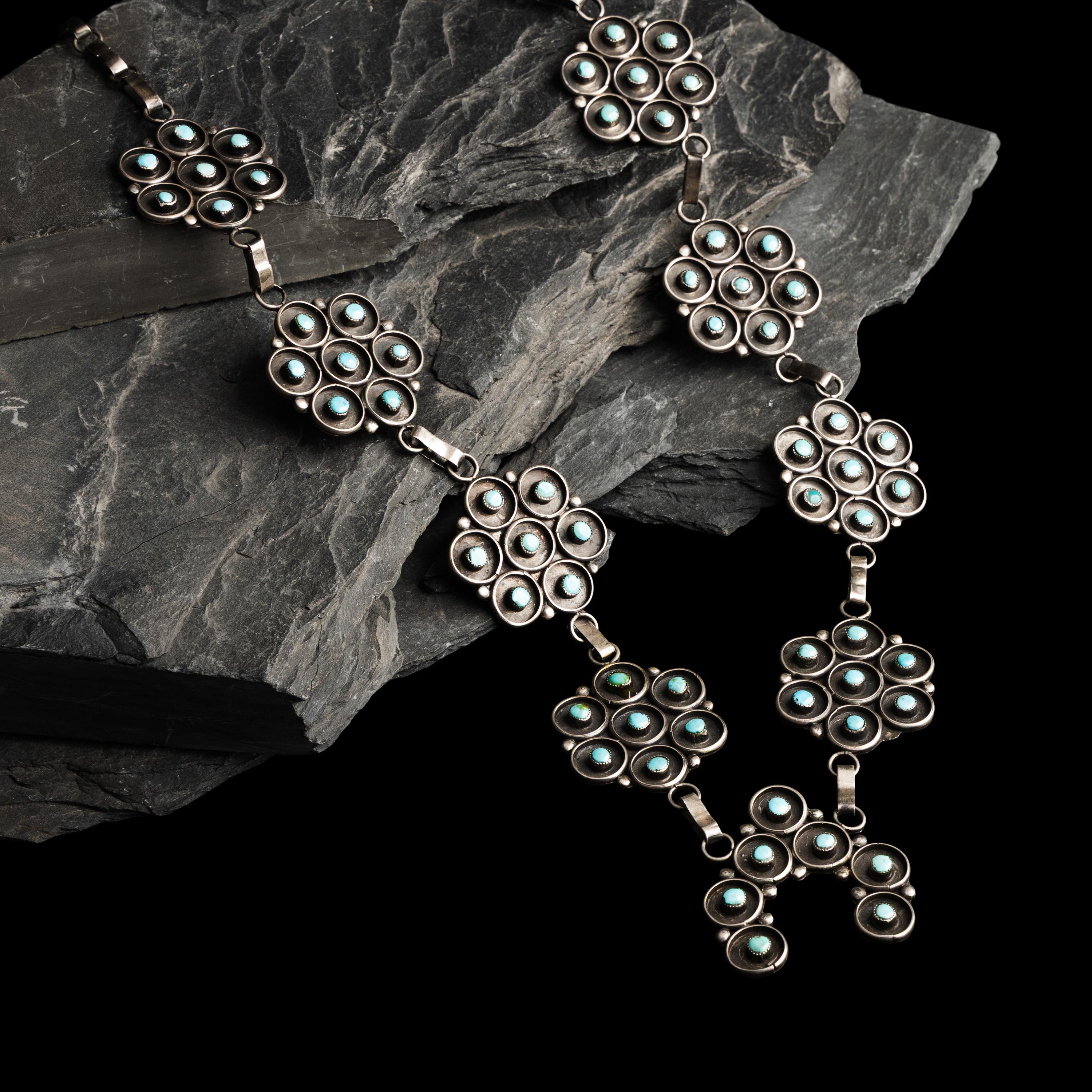 Navajo Silver and Petit Point Turquoise Squash Blossom Necklace