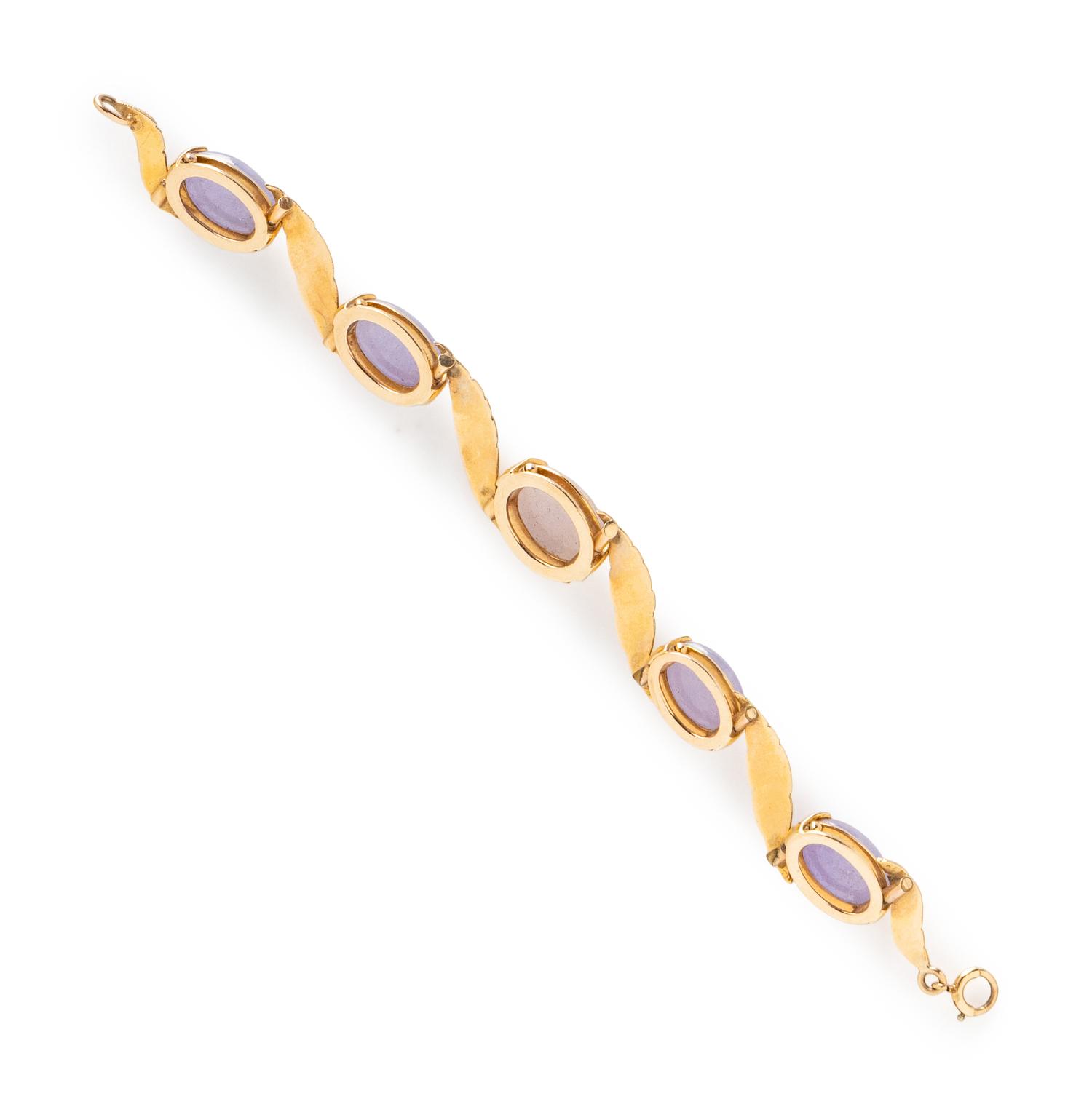 LAVENDER JADE AND YELLOW GOLD EARRINGS AND BRACELET