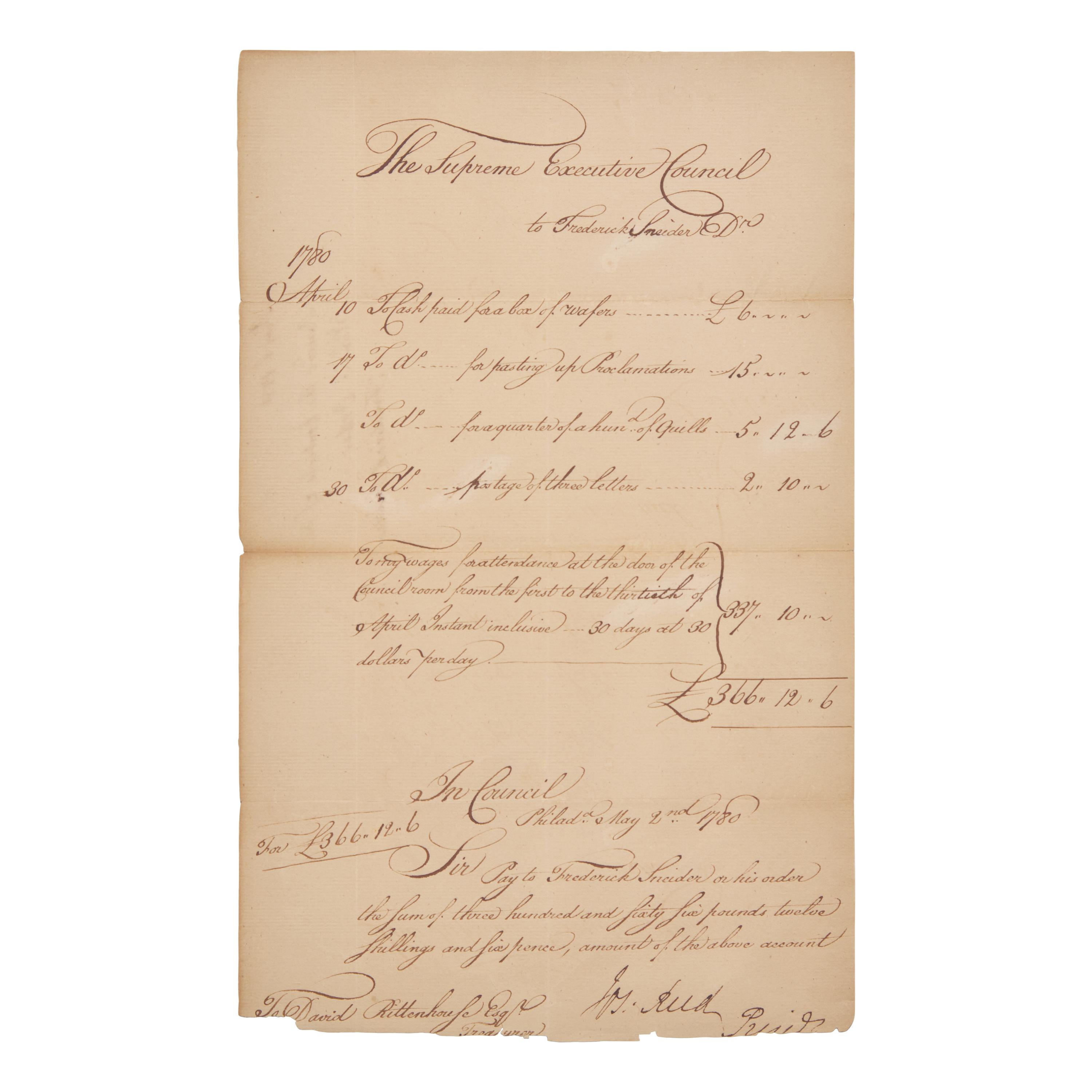 [Philadelphia Independence Hall] Pay Order for the Doorkeeper of Independence Hall in the Heat of the American Revolution, Signed by Joseph Reed