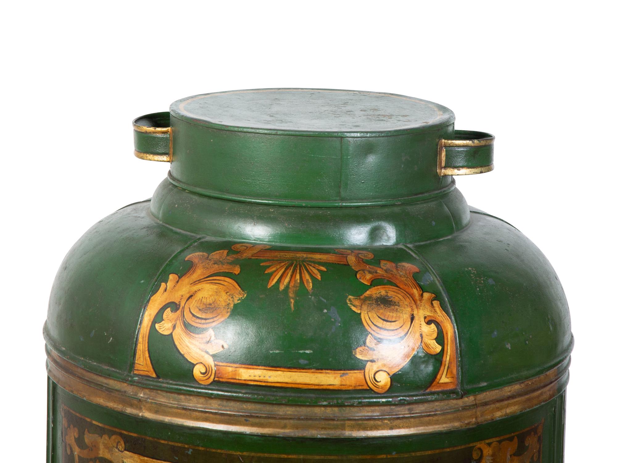 A Painted Green Tole Oversize Tea Canister — 18TH/19TH CENTURY