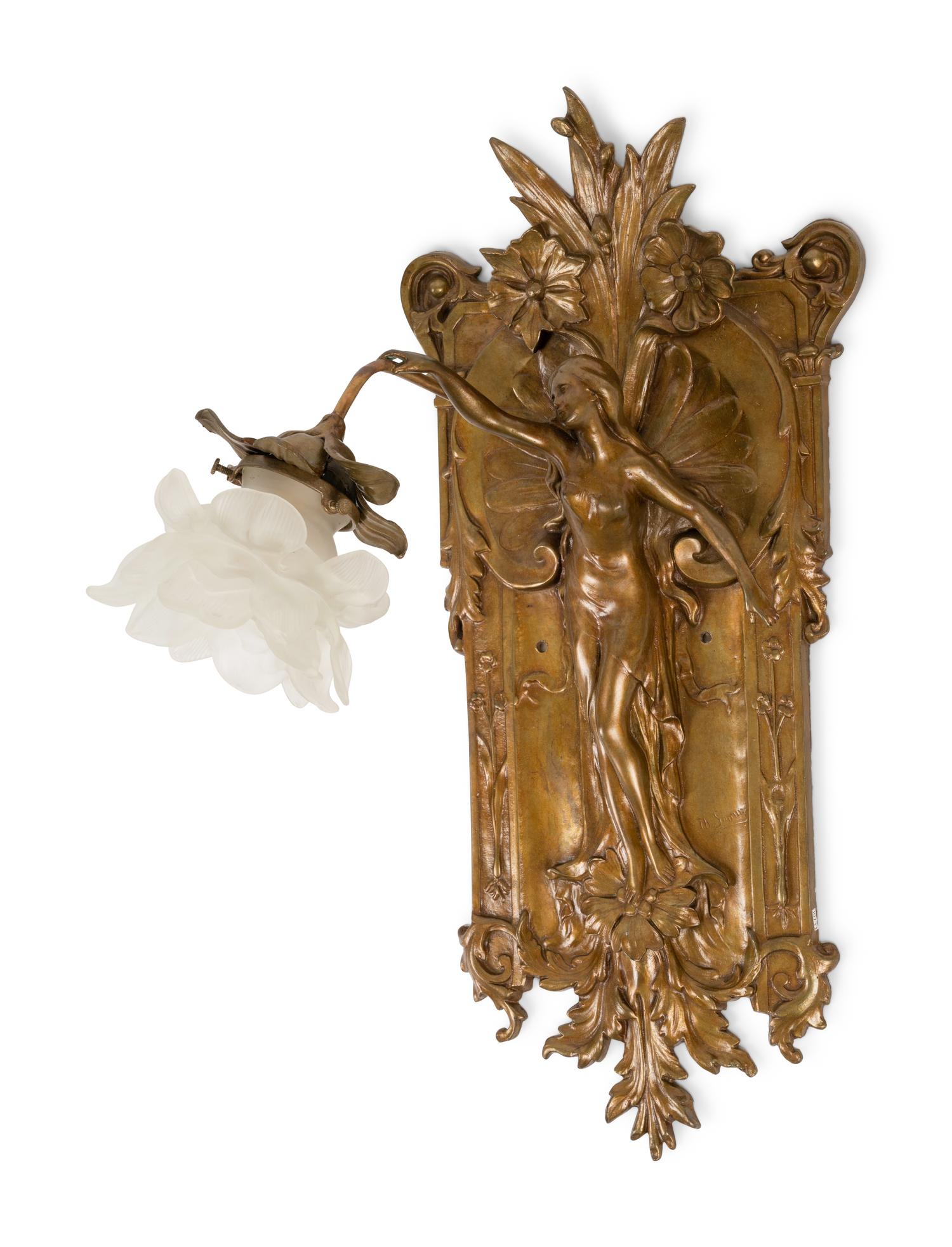 A Pair of Bronze Art Nouveau Figural Wall Sconces by Théophile François Somme (French, 1871-1952)