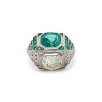 ART DECO, EMERALD AND DIAMOND SCULPTURAL 'TOI ET MOI' RING