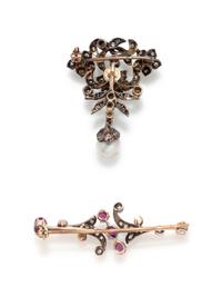 COLLECTION OF DIAMOND, PEARL AND RUBY BROOCHES