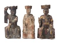 Three Carved Wood Figures of Immortals, Possibly Vietnamese 越南木雕坐像三件