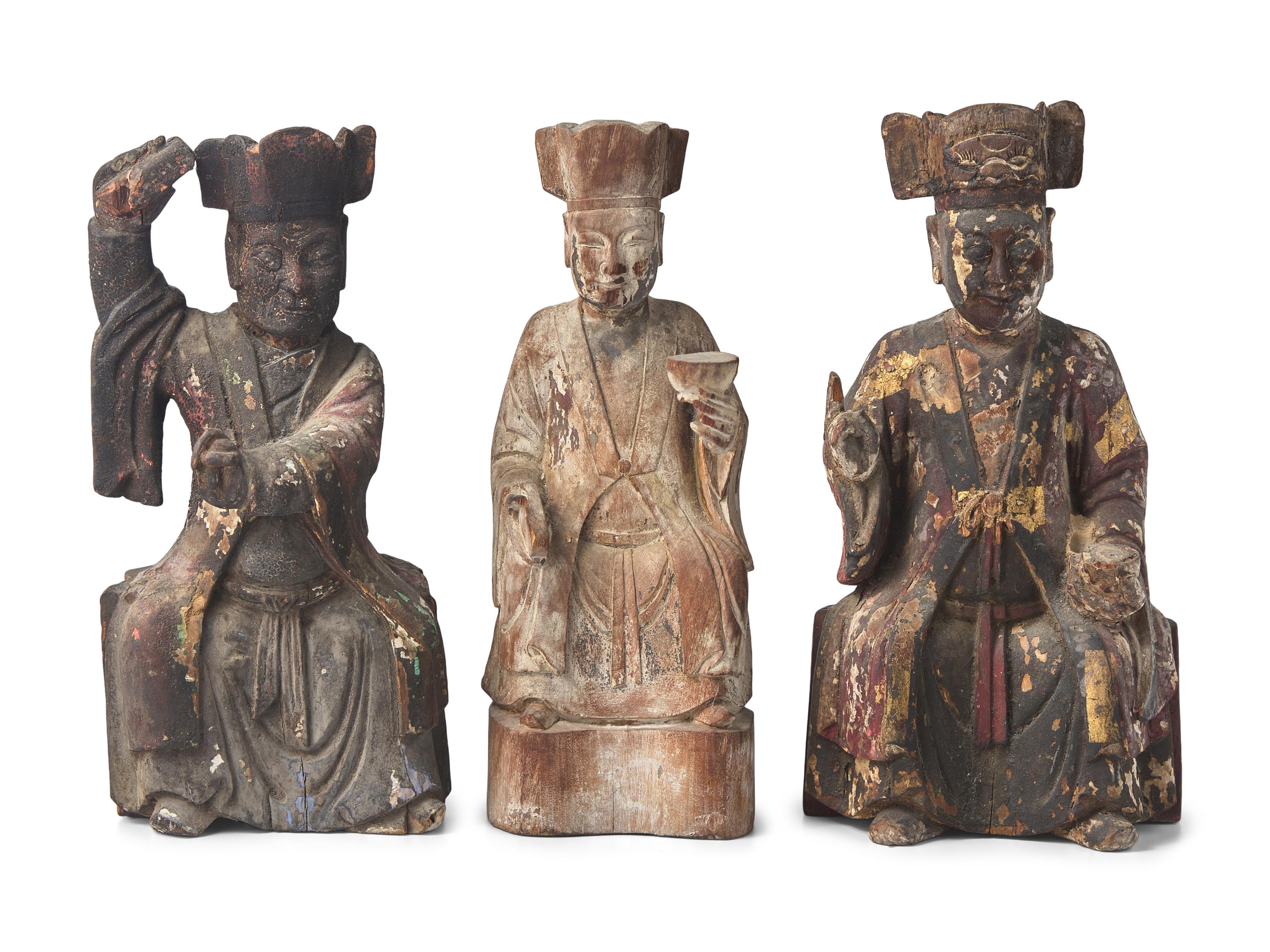 Three Carved Wood Figures of Immortals, Possibly Vietnamese 越南木雕坐像三件