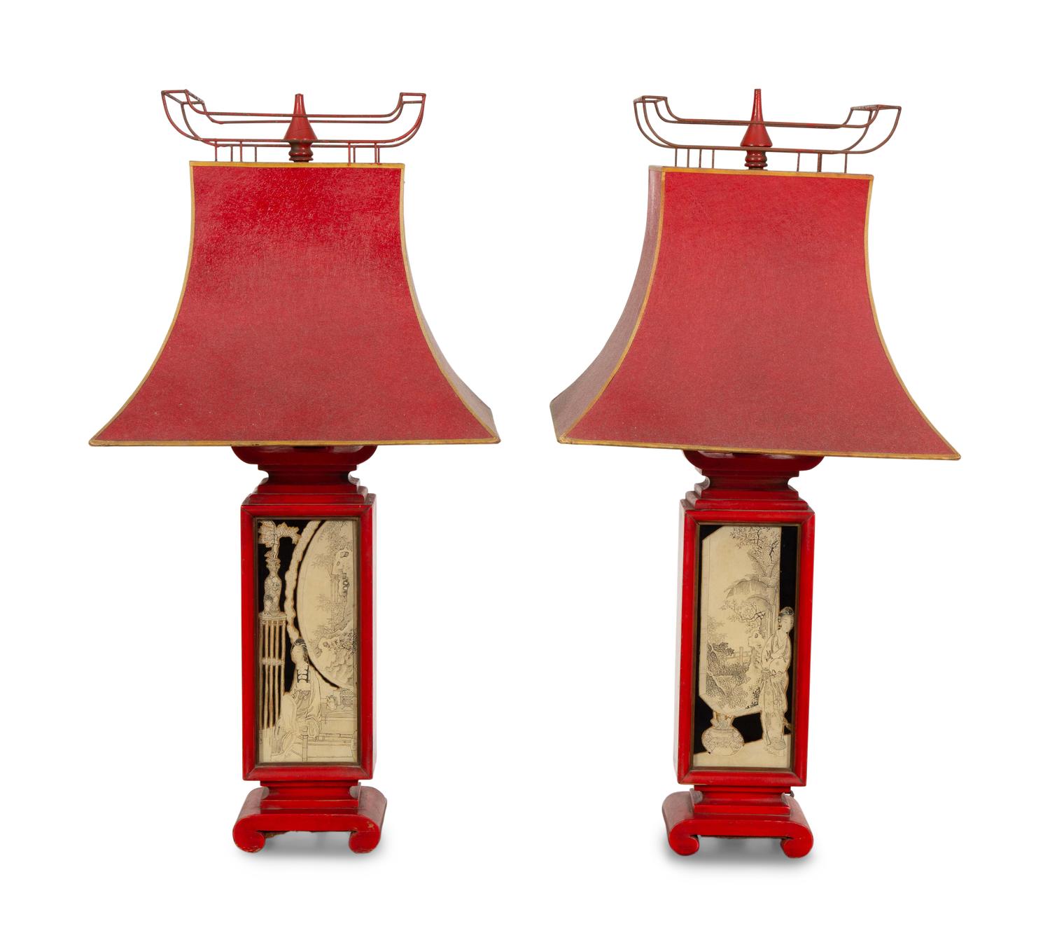 A Pair of Chinese Style Reverse-Decorated Glass and Red-Painted Table Lamps