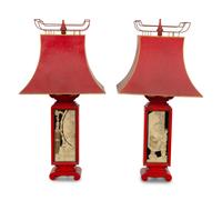 A Pair of Chinese Style Reverse-Decorated Glass and Red-Painted Table Lamps