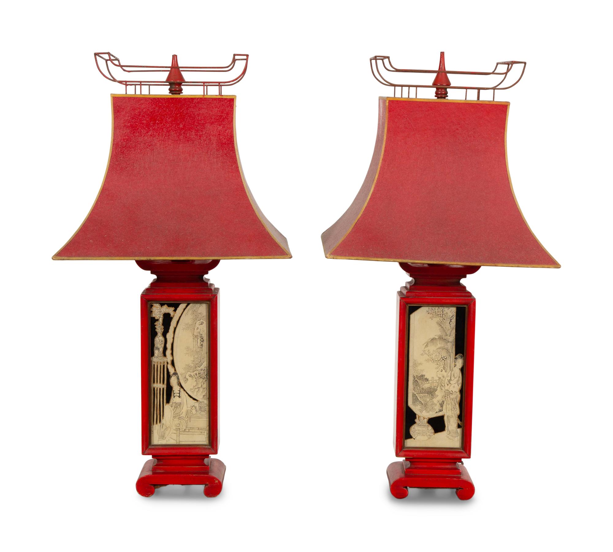 A Pair of Chinese Style Reverse-Decorated Glass and Red-Painted Table Lamps
