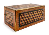An English Brass Banded Parquetry Writing Box Height 10 x width 21 x depth 13 inches. — 19TH CENTURY