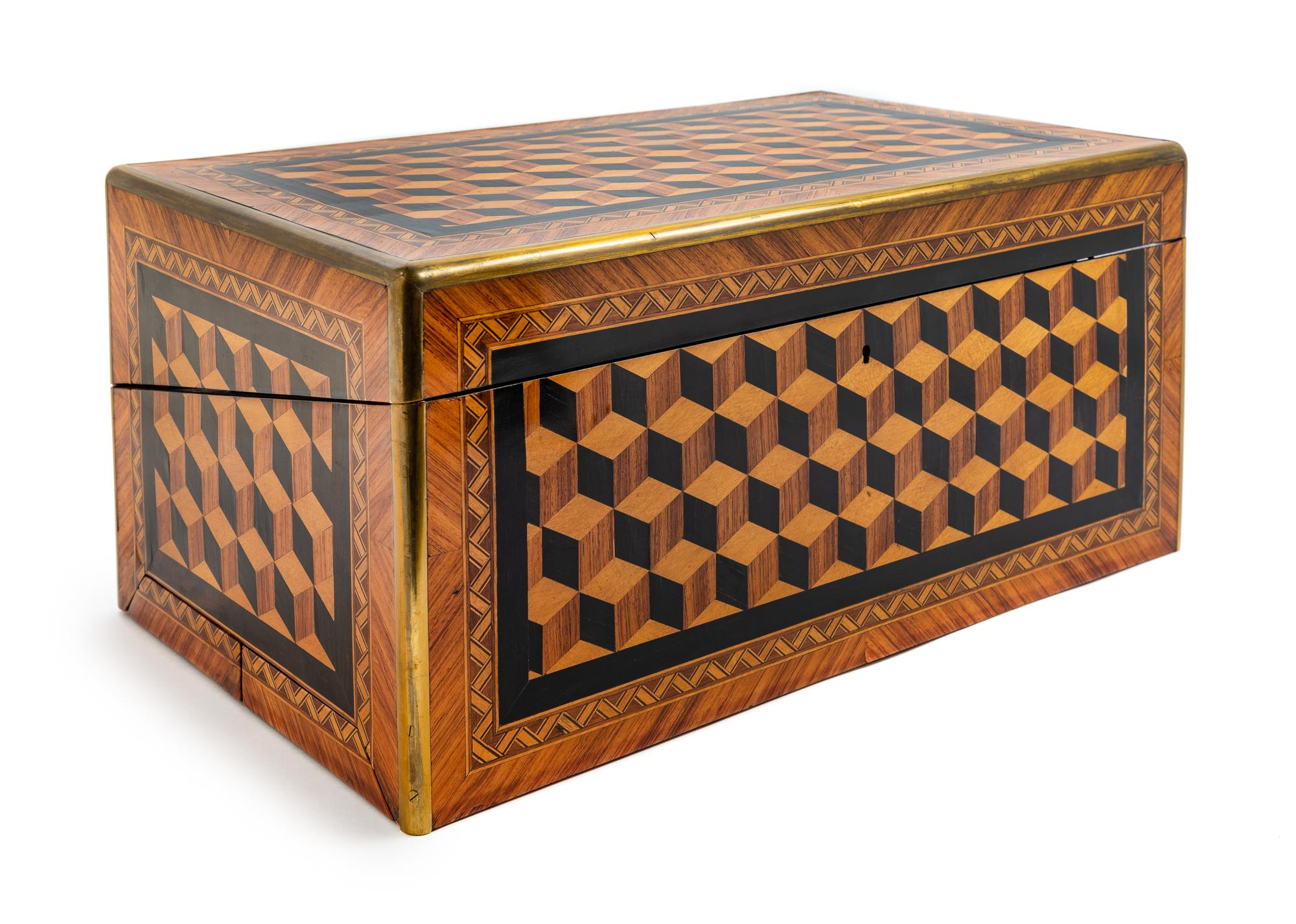 An English Brass Banded Parquetry Writing Box Height 10 x width 21 x depth 13 inches. — 19TH CENTURY