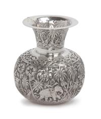 A Burmese Silver Vase, , of squat baluster form, worked to show animals in a jungle.