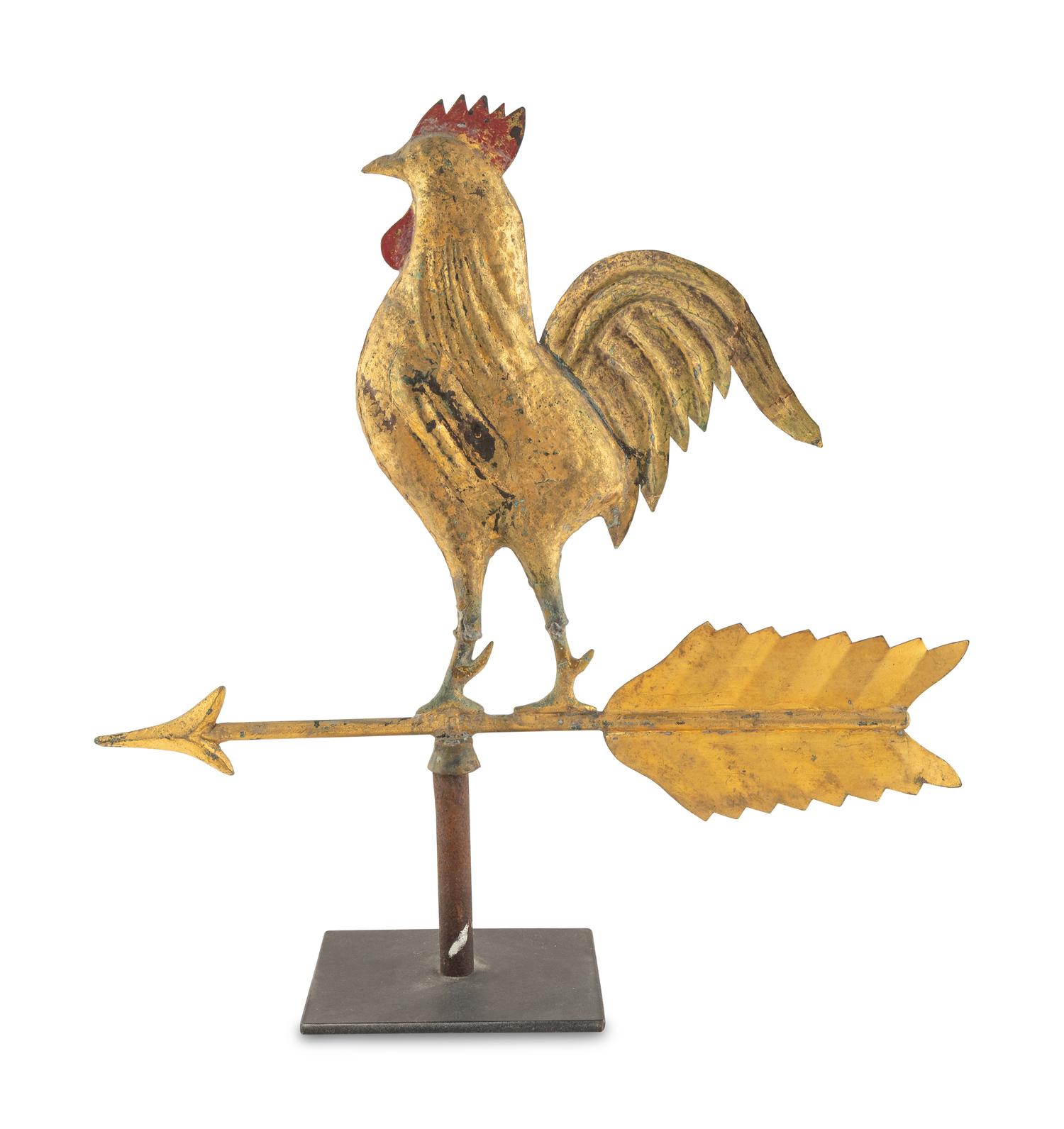 A Gilt and Red Painted Molded Copper Rooster Weathervane