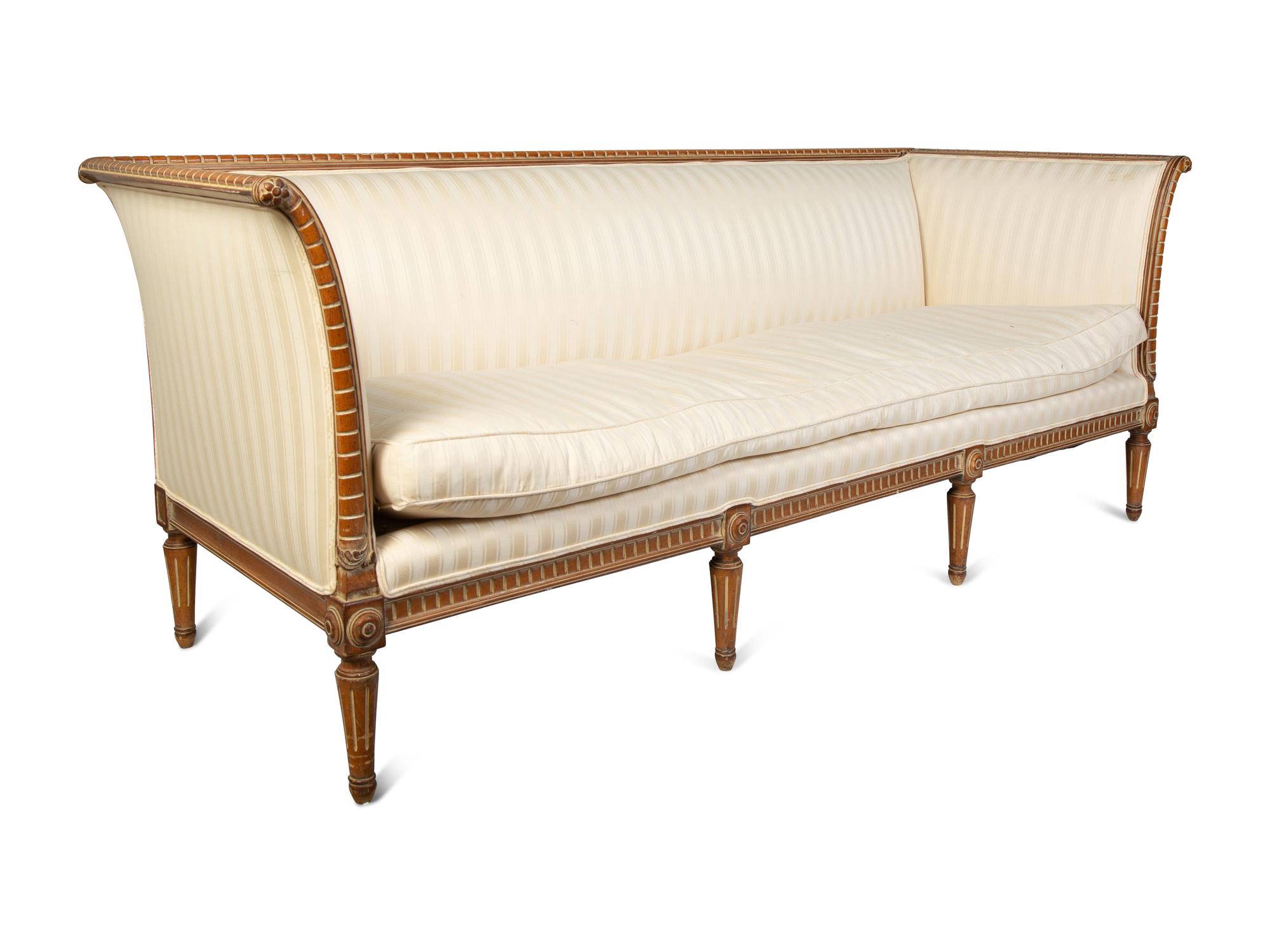 A Gustavian Style Carved Natural Wood Upholstered Sofa — 20TH CENTURY