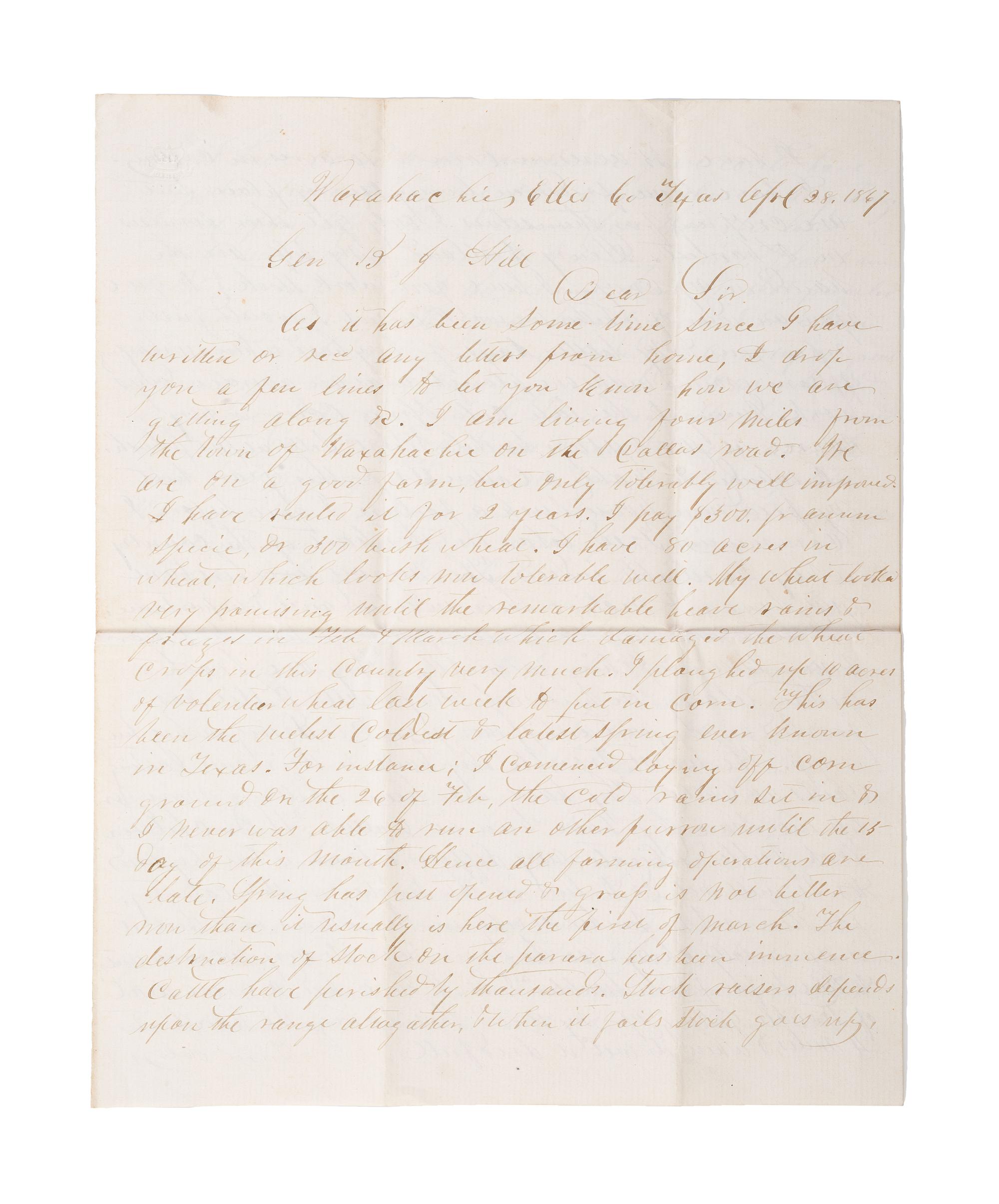 [RECONSTRUCTION]. SMART, R.C. Autograph letter signed ("R.C. Smart"), to General Benjamin Hill (1825-1880), regarding Freedmen in Texas. Ellis County, TX, 28 April 1867.