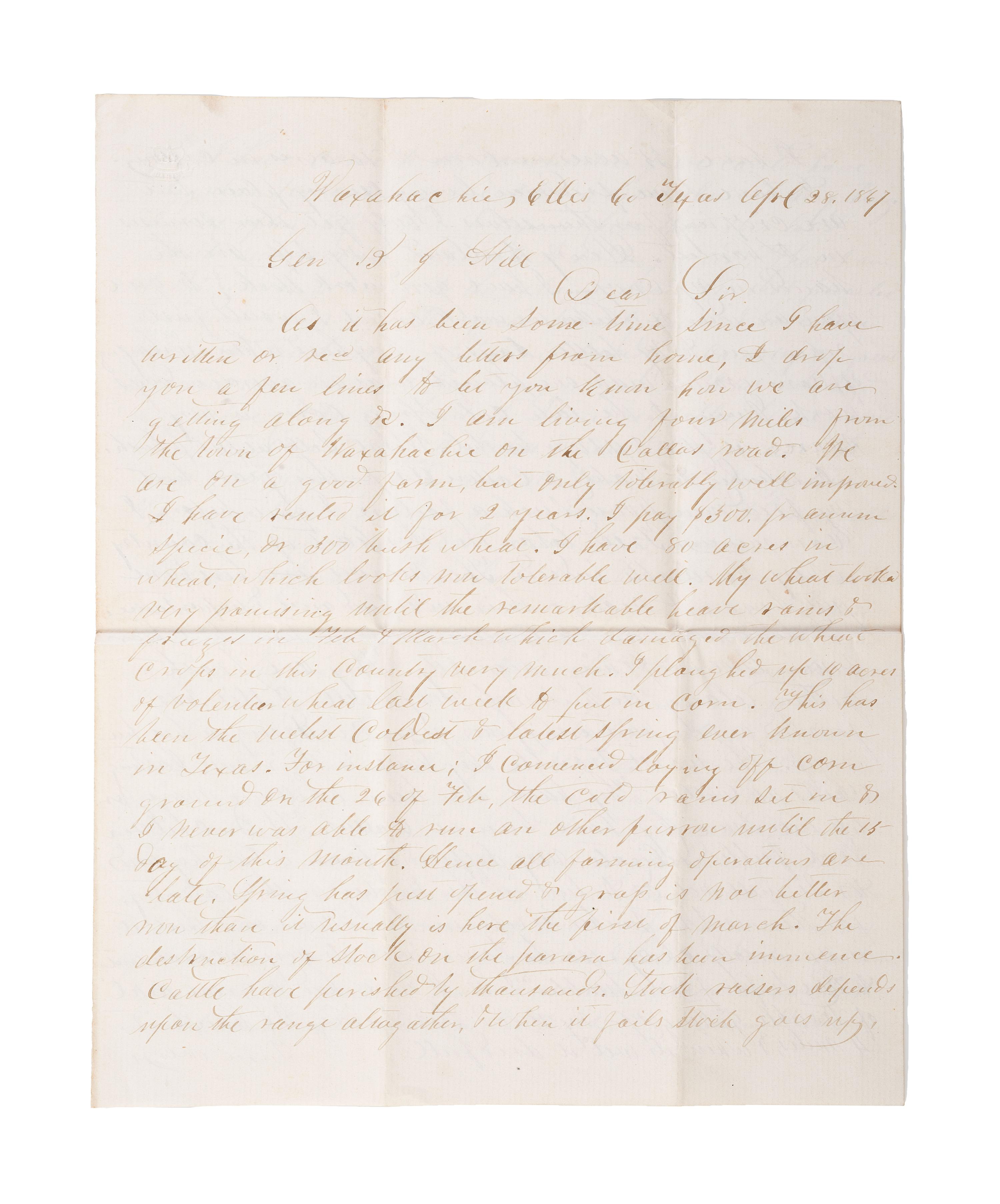 [RECONSTRUCTION]. SMART, R.C. Autograph letter signed ("R.C. Smart"), to General Benjamin Hill (1825-1880), regarding Freedmen in Texas. Ellis County, TX, 28 April 1867.