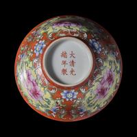 A Chinese Coral-Red Ground Famille Rose Porcelain Bowl 珊瑚地粉彩蓮紋盌