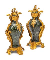 A Pair of Louis XV Style Gilt Bronze Mounted Marble Urns