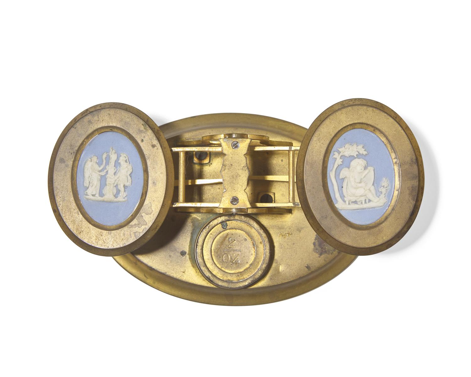 A Brass Balance Scale With Inset Wedgwood Jasperware Plaques