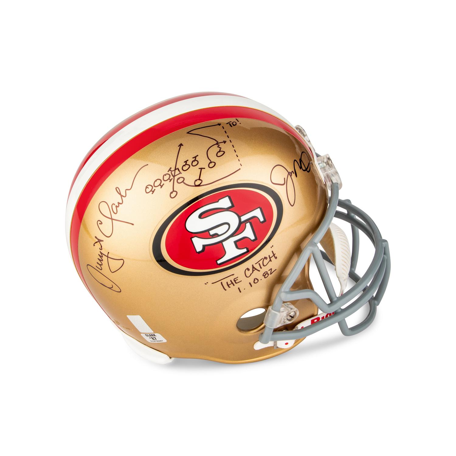 A Joe Montana and Dwight Clark Dual Signed Autograph San Francisco 49ers Full Size Helmet — With "The Catch" Diagram Drawn by Clark