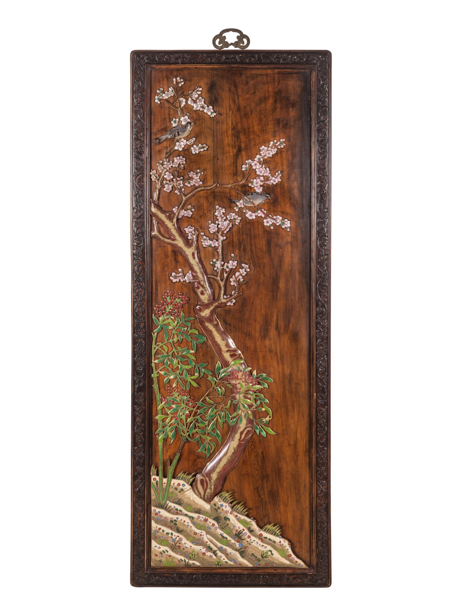 A Set of Four Chinese Export Cloisonné Inset Wood Wall Panels