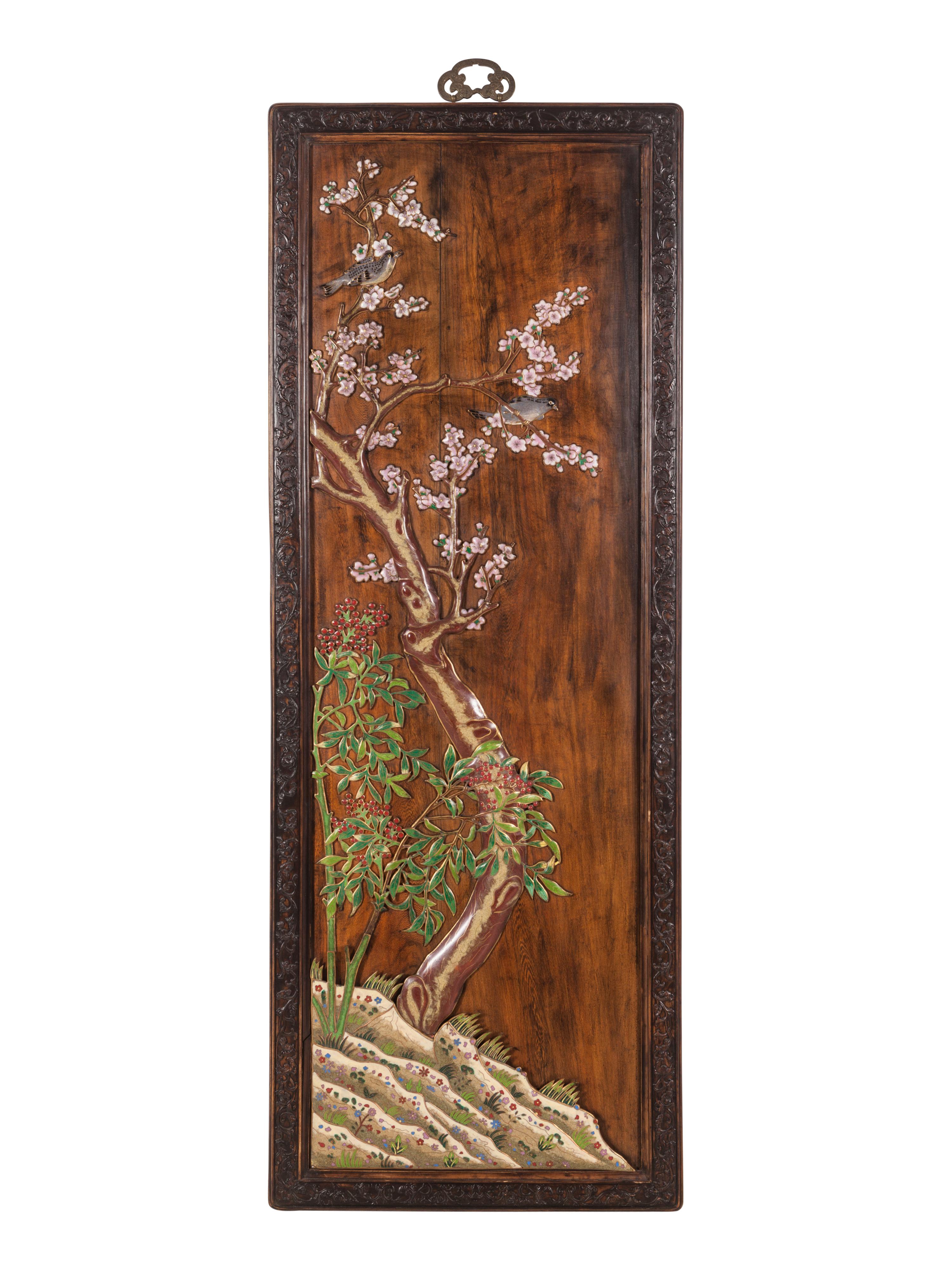 A Set of Four Chinese Export Cloisonné Inset Wood Wall Panels