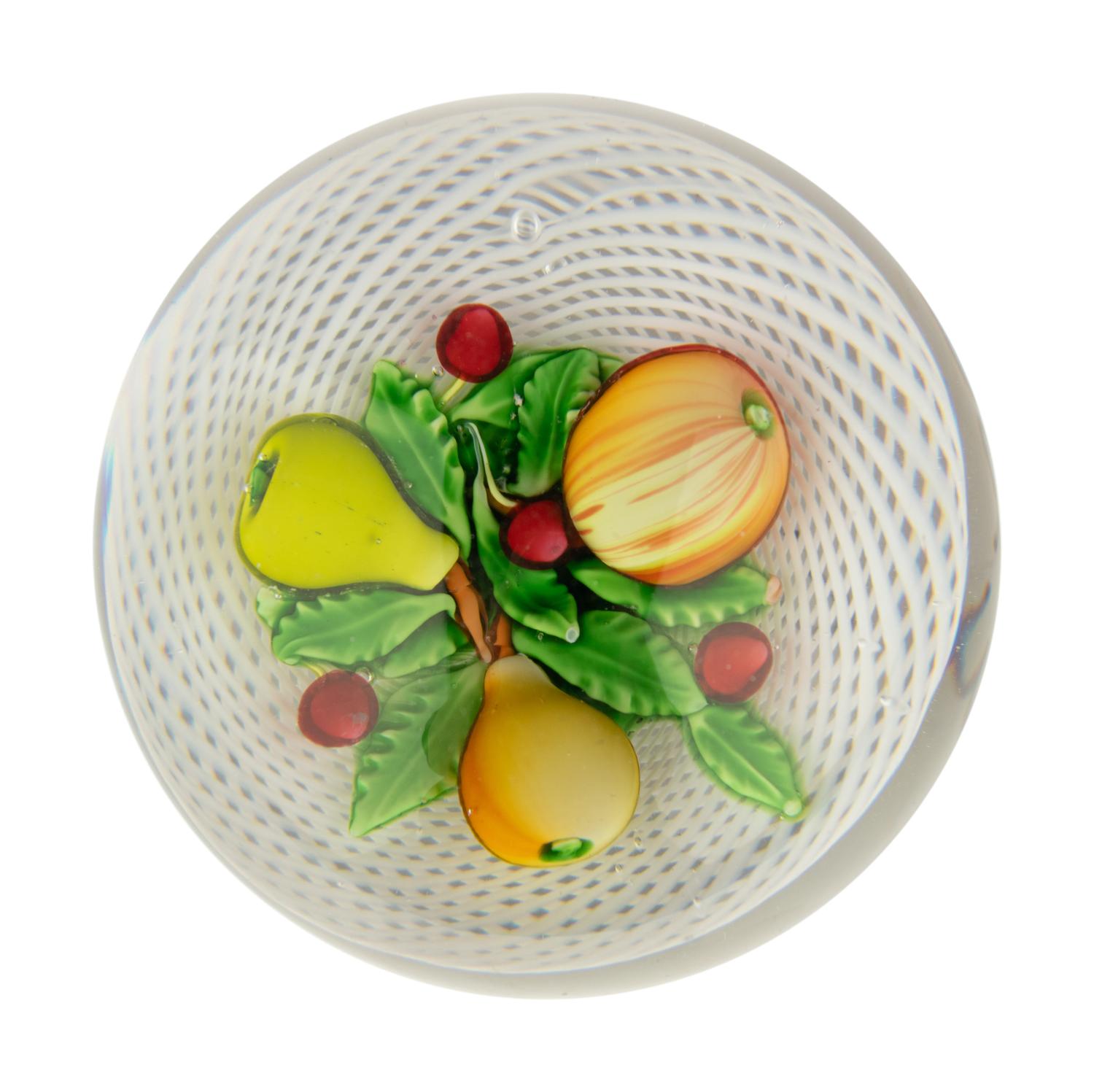 A Saint Louis Fruit Over Latticino Basket Glass Paperweight