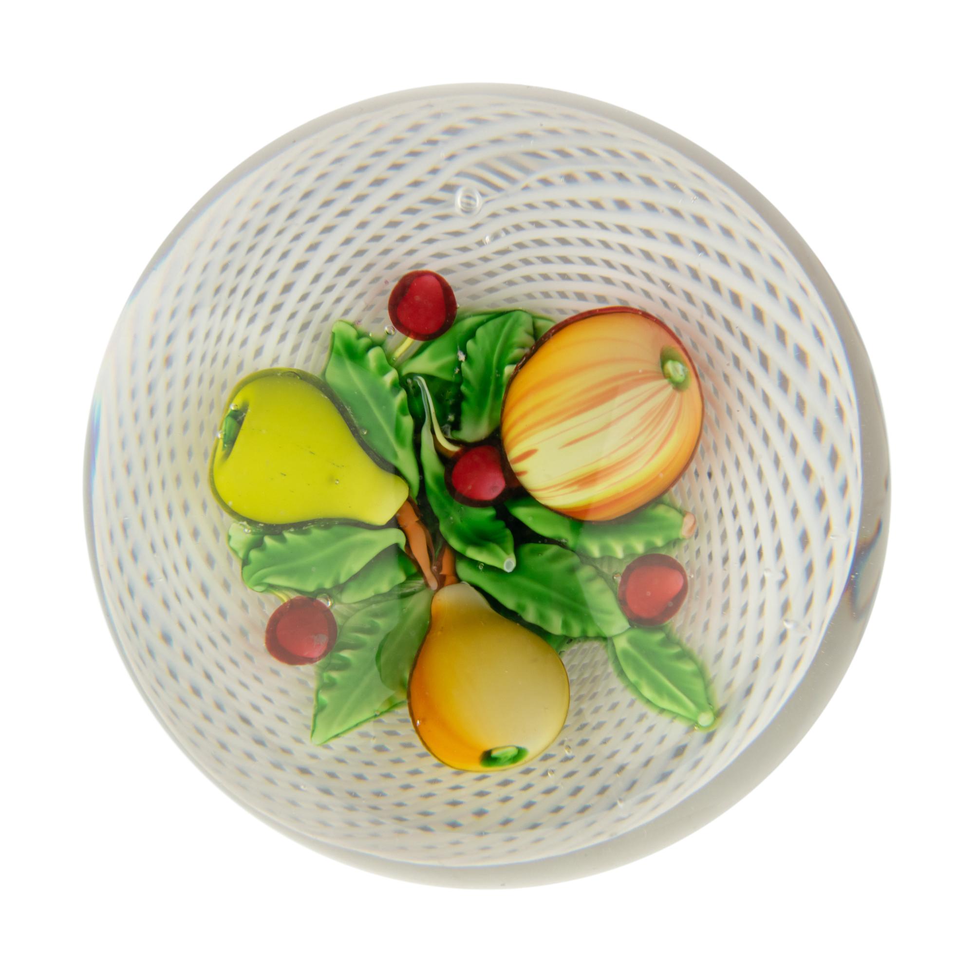 A Saint Louis Fruit Over Latticino Basket Glass Paperweight