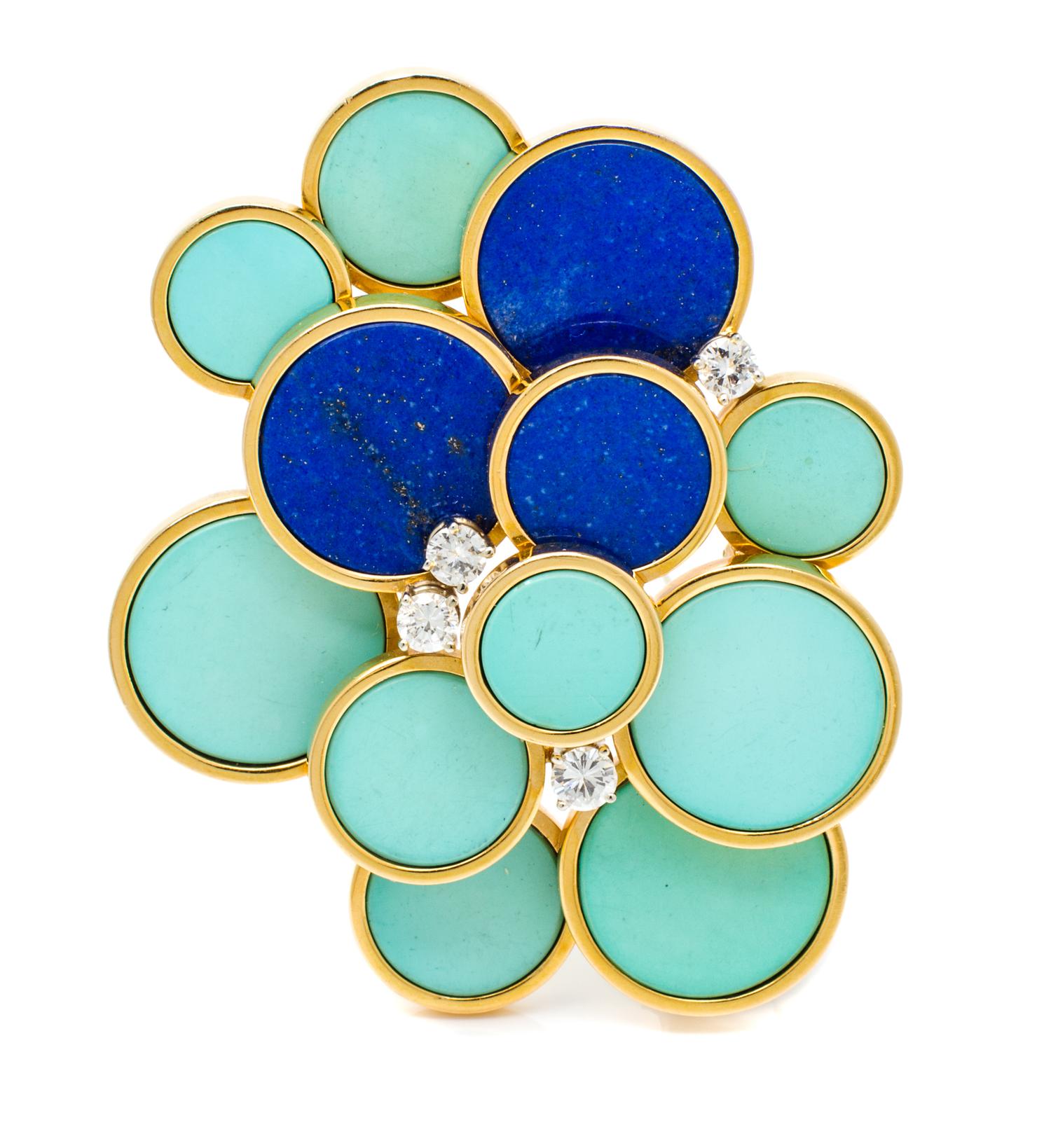 An 18 Karat Yellow Gold, Turquoise, Lapis Lazuli and Diamond Brooch, 20.40 dwts.