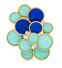 An 18 Karat Yellow Gold, Turquoise, Lapis Lazuli and Diamond Brooch, 20.40 dwts.