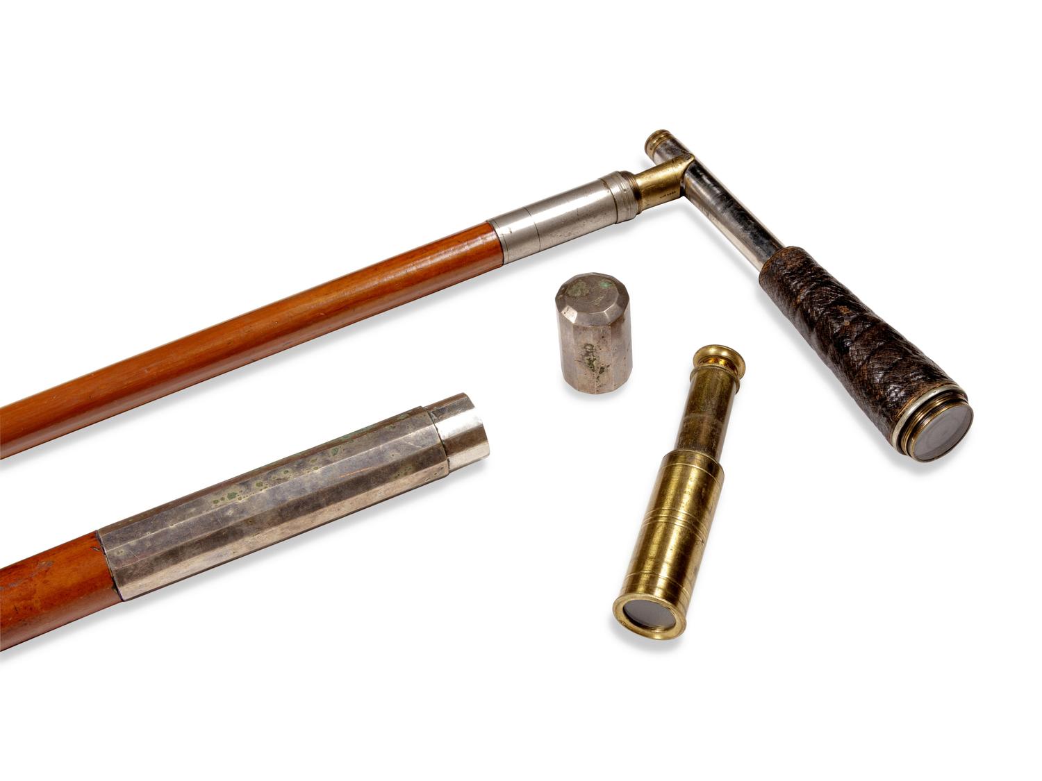 Two English Silvered Metal Mounted Explorer's Walking Sticks