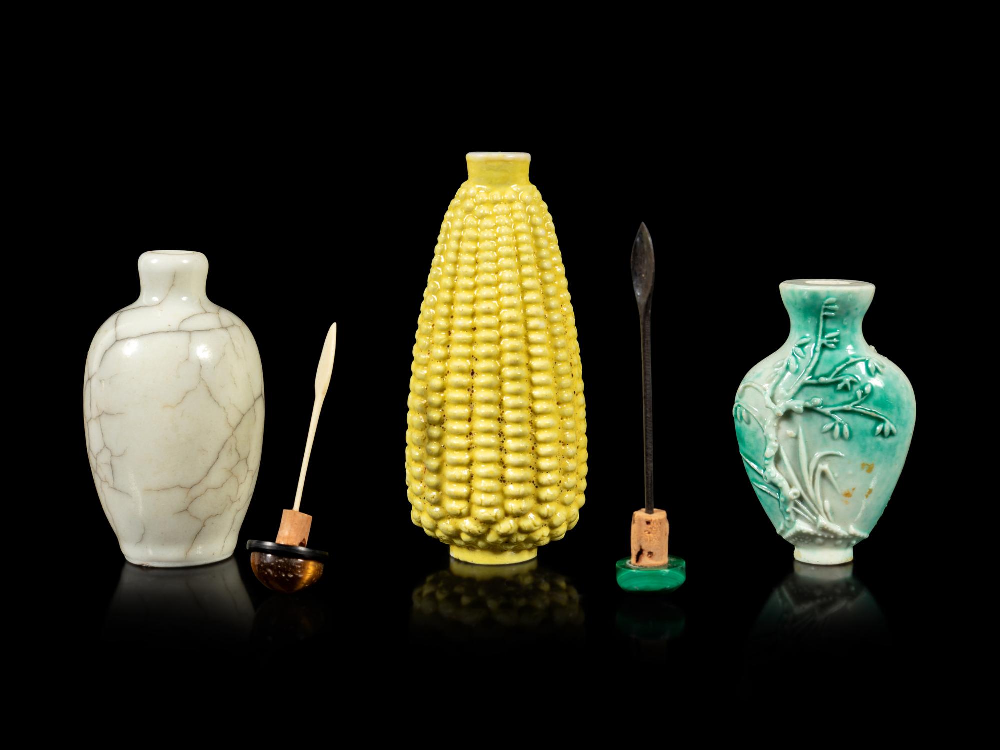 Three Chinese Monochrome Glazed Porcelain Snuff Bottles