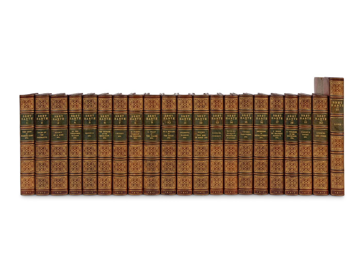 [BINDINGS]. A group of approximately 56 volumes, some in contemporary leather bindings, including works related to American literature, comprising: