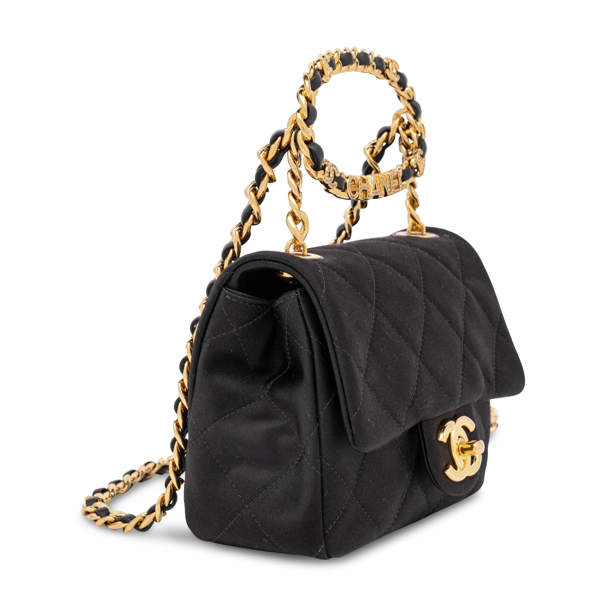 Chanel, Mini Logo Handle Flap Bag in Black Satin