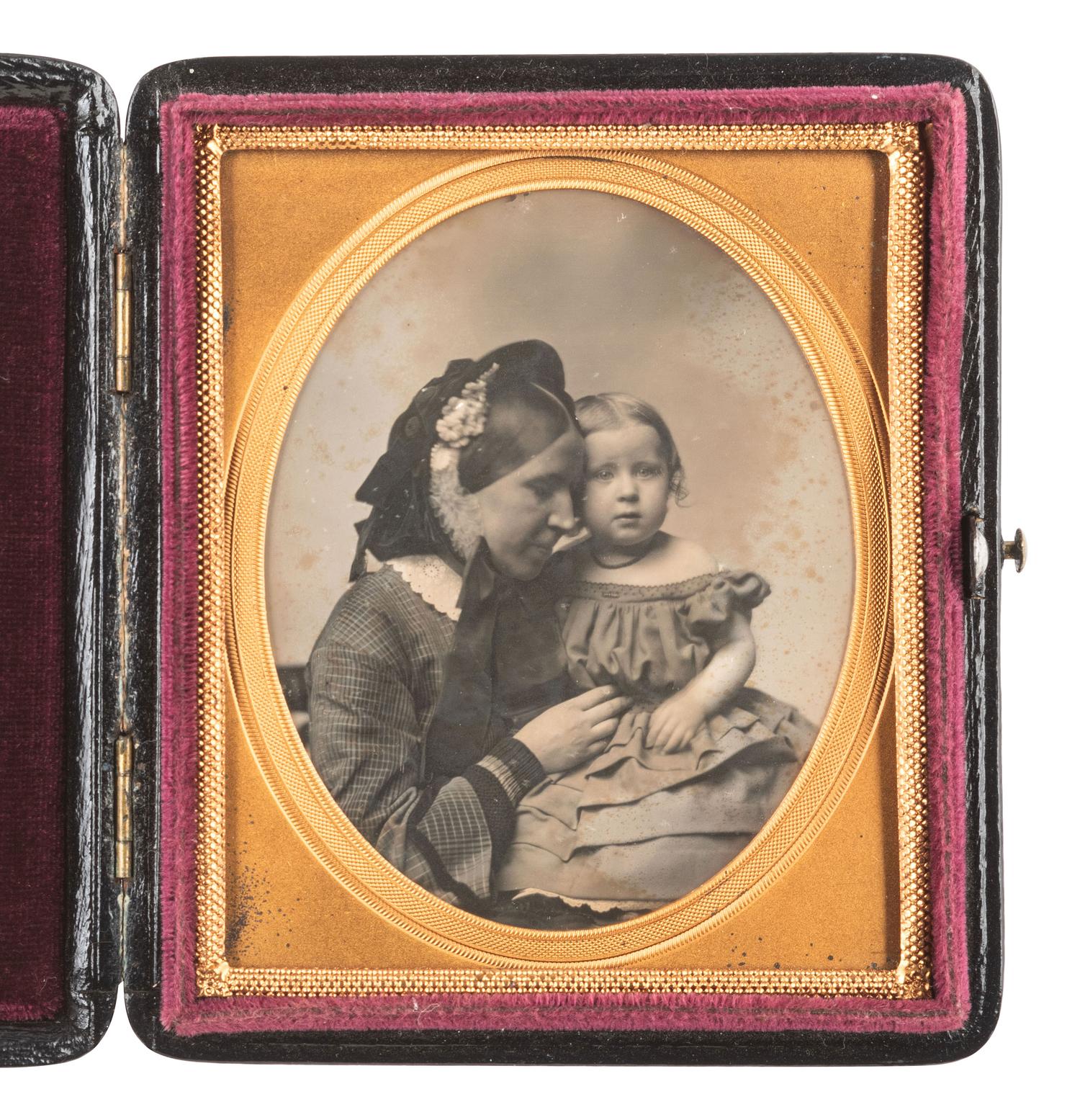 [EARLY PHOTOGRAPHY]. Sixth plate daguerreotype of mother and child posed affectionately.
