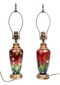 A Pair of French Enameled Metal Vases Mounted as Lamps