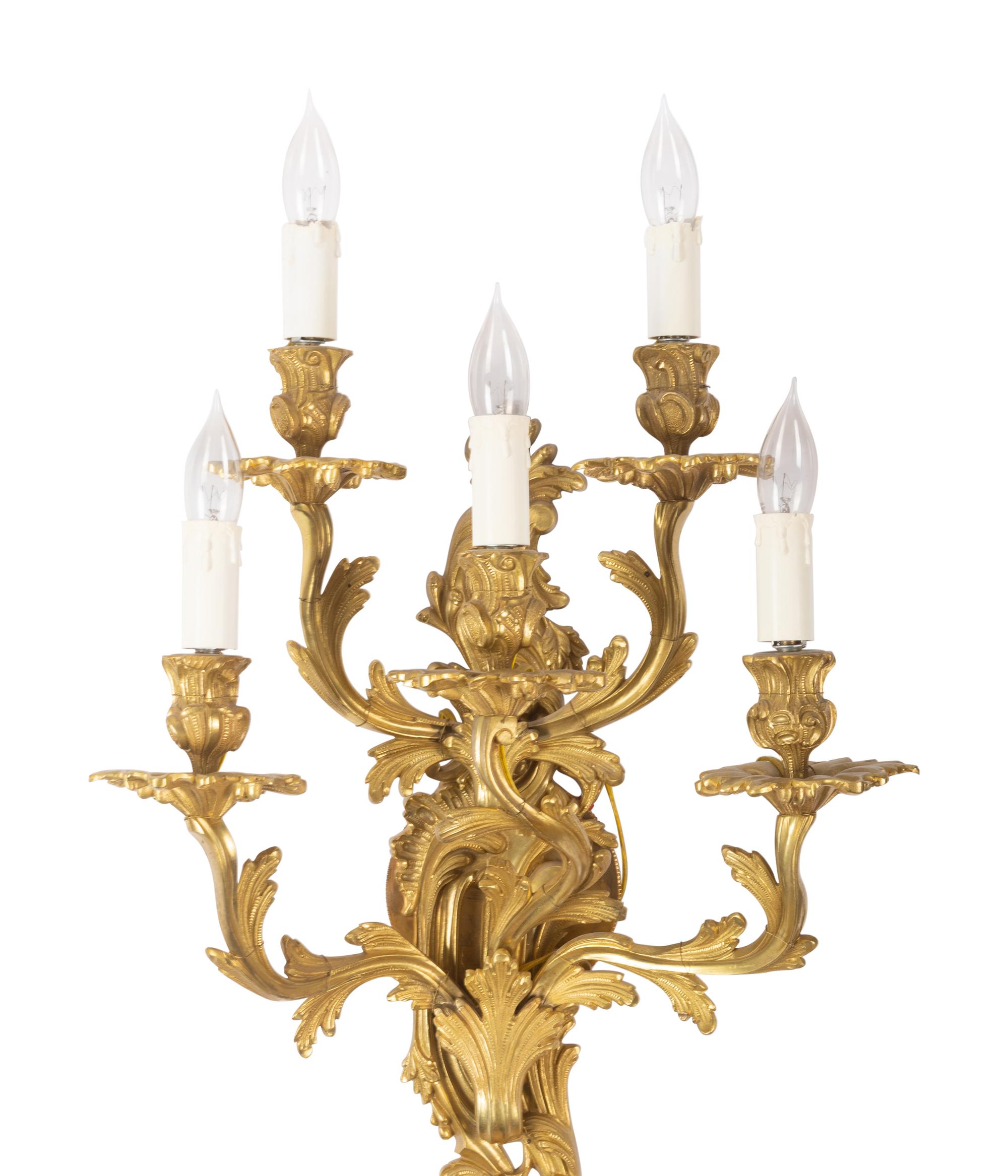 A Pair of Louis XV Style Gilt Metal Five-Light Sconces