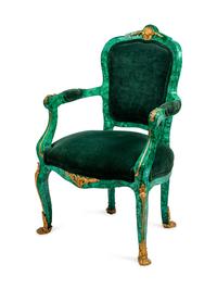 A Louis XV Style Gilt-Bronze-Mounted Malachite-Veneered Fauteuil en Cabriolet