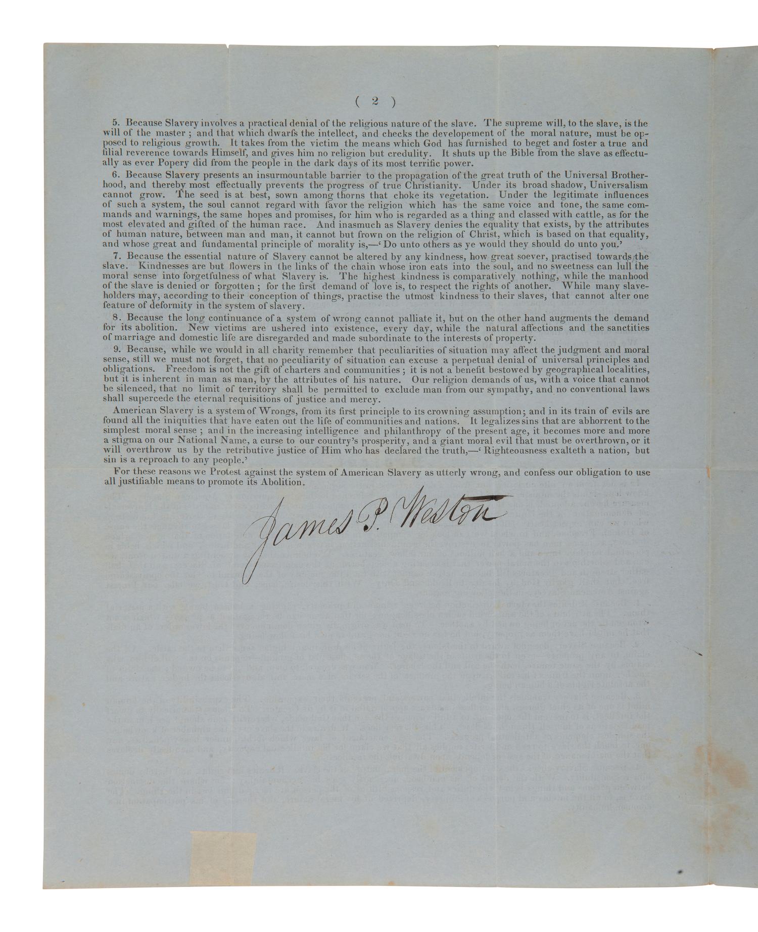 [ABOLITION] Universalist Church circular outlining a protest against slavery signed by James Weston