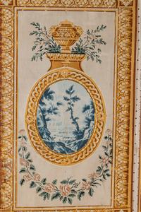A Louis XVI Style Polychrome Painted Canvas Six-Panel Floor Screen