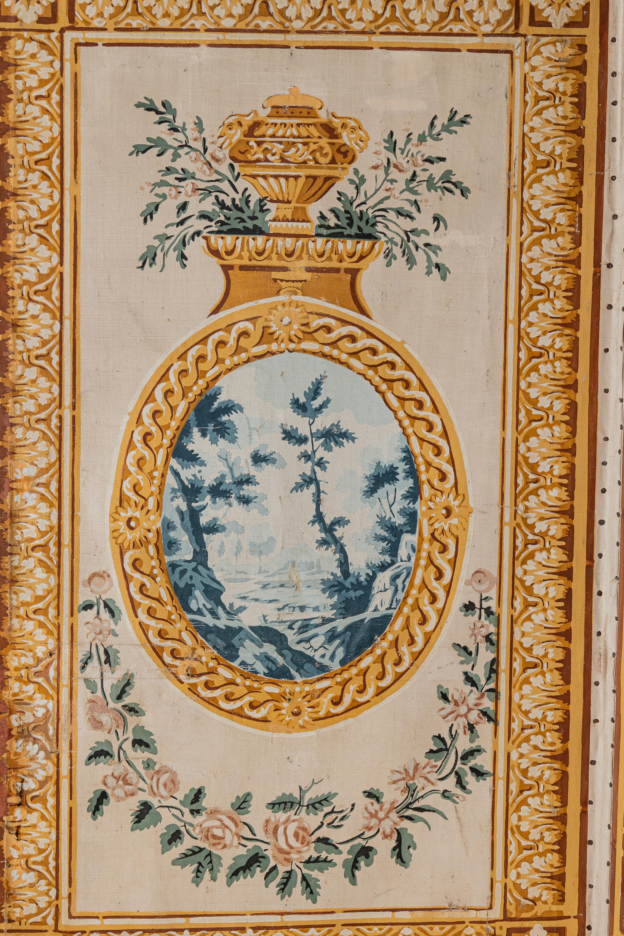 A Louis XVI Style Polychrome Painted Canvas Six-Panel Floor Screen