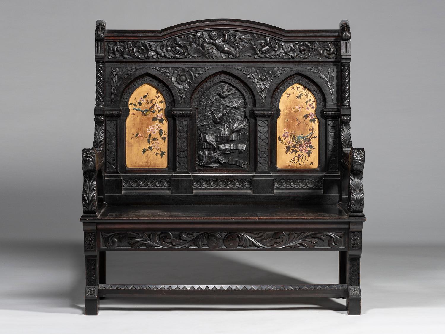 Cincinnati Art-Carved Bench with Inset Painted Panels, 1884