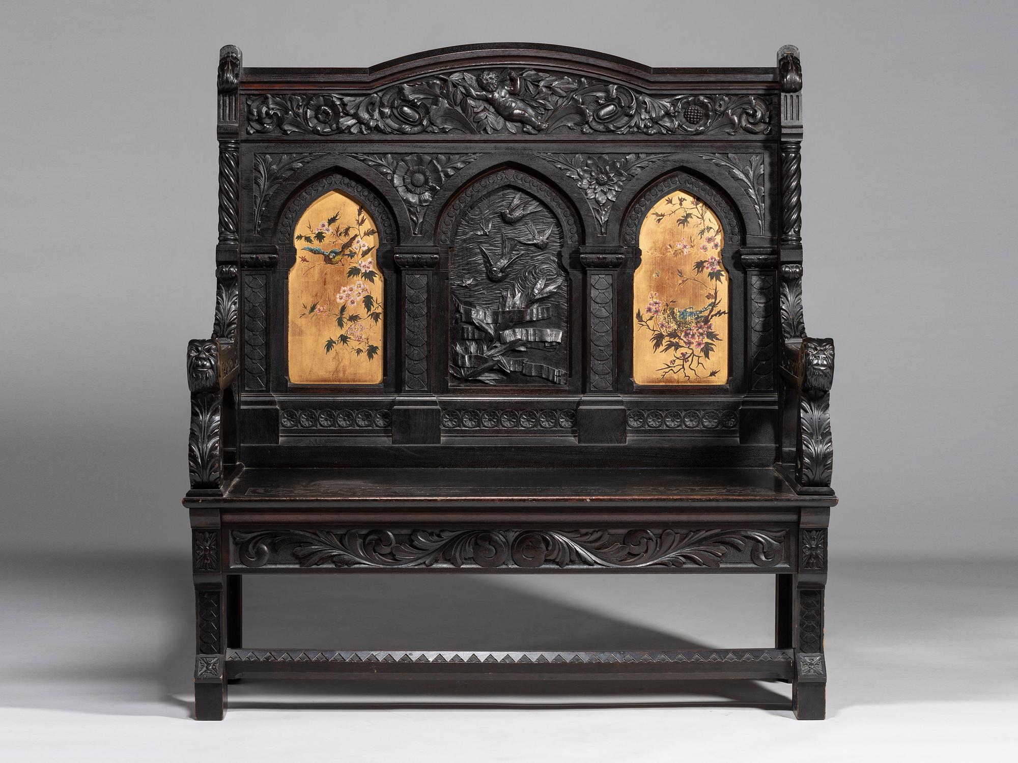Cincinnati Art-Carved Bench with Inset Painted Panels, 1884