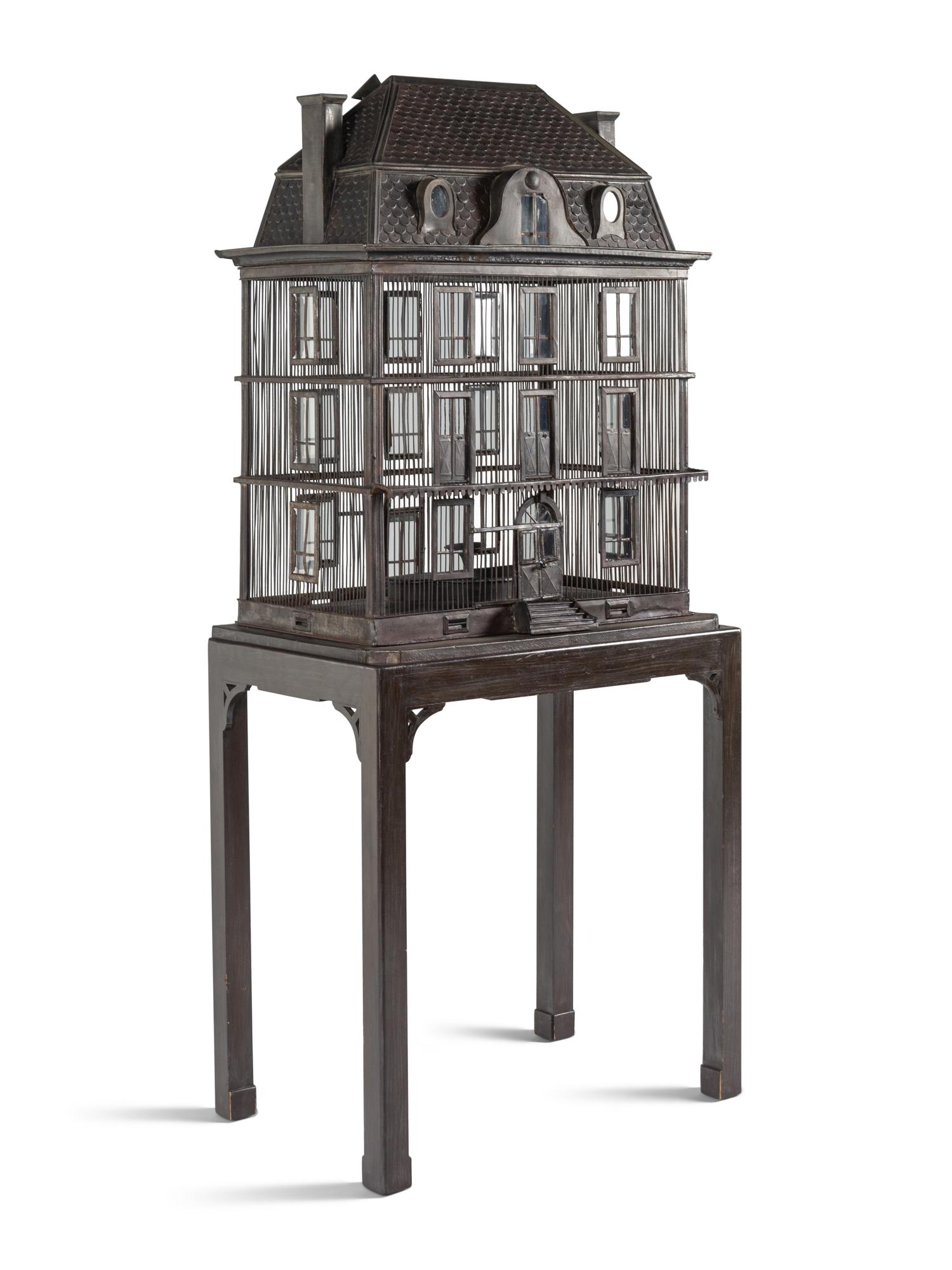 A Large French Grey-Painted Metal Chateau-Form Birdcage