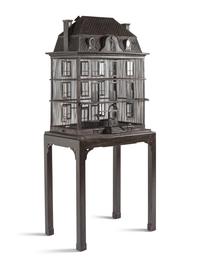 A Large French Grey-Painted Metal Chateau-Form Birdcage
