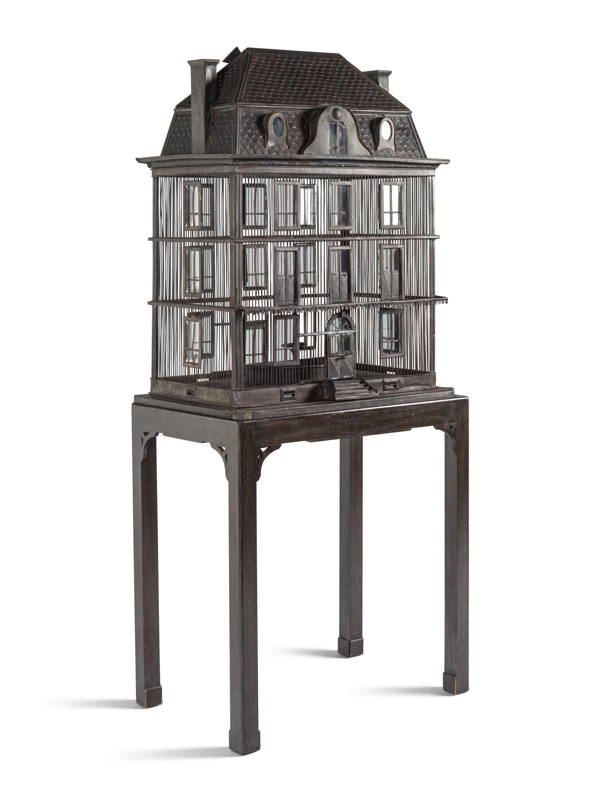 A Large French Grey-Painted Metal Chateau-Form Birdcage