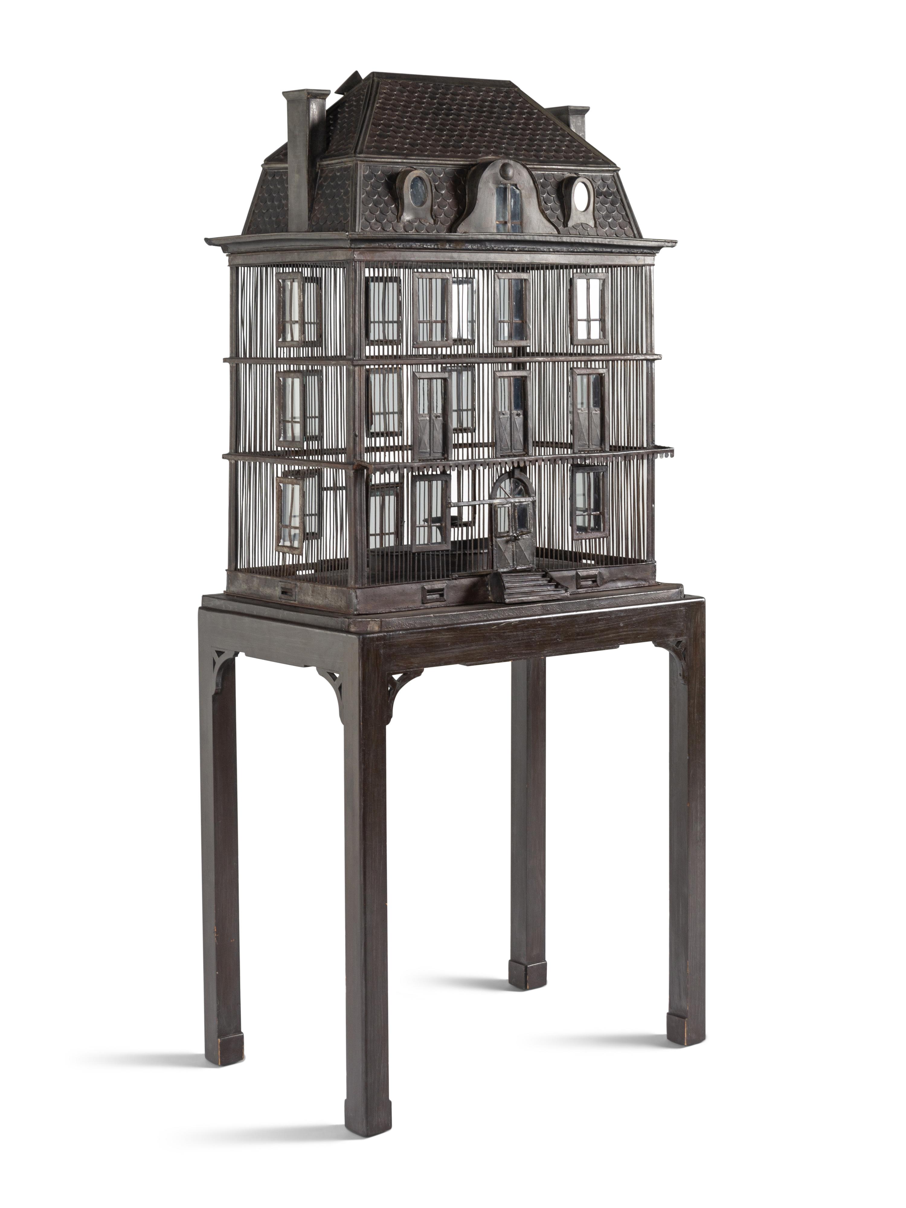 A Large French Grey-Painted Metal Chateau-Form Birdcage