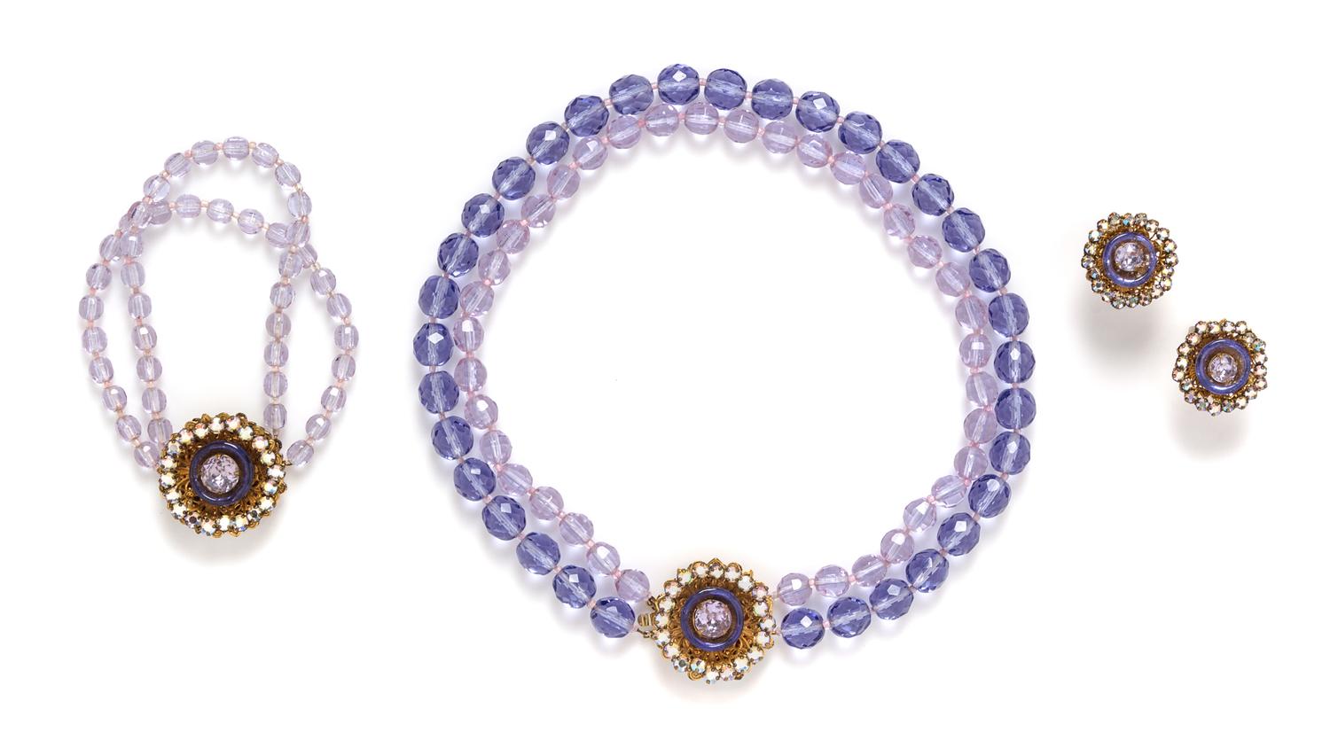 A Miriam Haskell Purple Crystal Bead and Rhinestone Parure, Necklace 15", earclip .5".