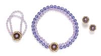 A Miriam Haskell Purple Crystal Bead and Rhinestone Parure, Necklace 15", earclip .5".